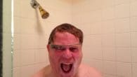 Robert Scoble Google Glasses Shower Horror Scene Robert Scoble unveiled his determination to show he will never take off his Google Glasses with this Google+ post and picture of him in the shower. https://plus.google.com/u/0/111091089527727420853/posts/TcaqNeYJWXo Source: http://thechrisvossshow.com/robert-scoble-google-glasses-shower-horror-scene/