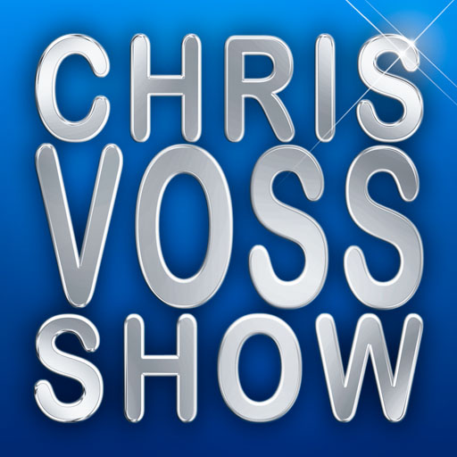 the chris voss show logo. silver shining letters on blue background